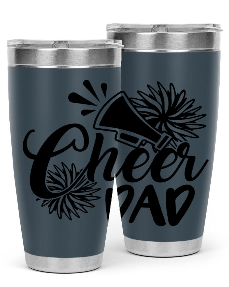 Cheer Dad 1391# 20oz Tumbler made of stainless steel with a drink-thru lid, showcasing its sleek design and vibrant print.