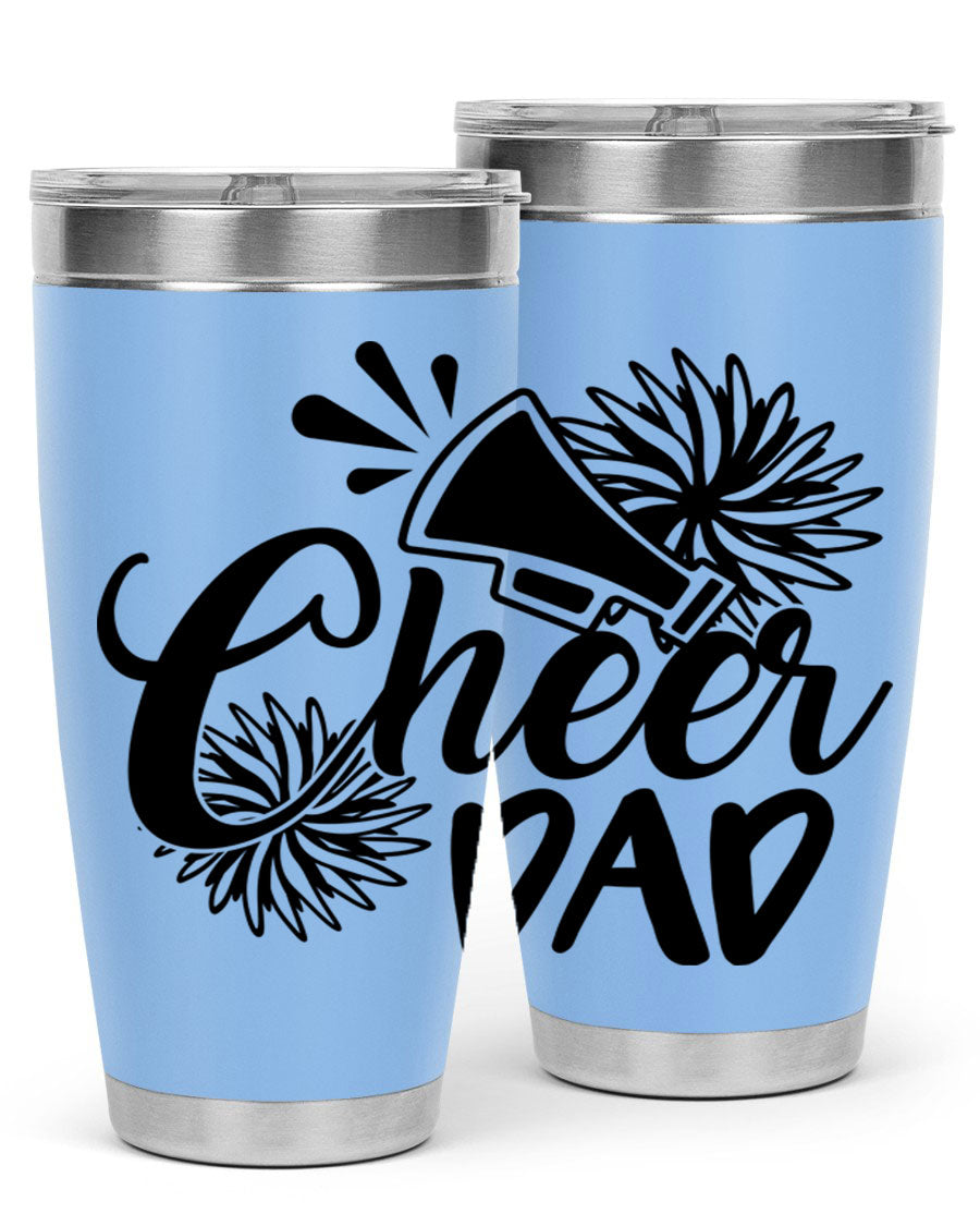 Cheer Dad 1391# 20oz Tumbler made of stainless steel with a drink-thru lid, showcasing its sleek design and vibrant print.