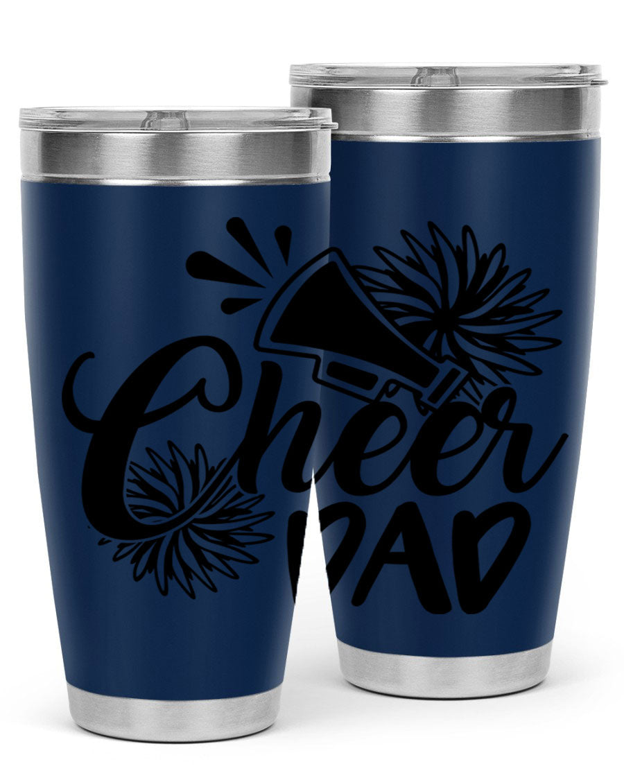 Cheer Dad 1391# 20oz Tumbler made of stainless steel with a drink-thru lid, showcasing its sleek design and vibrant print.