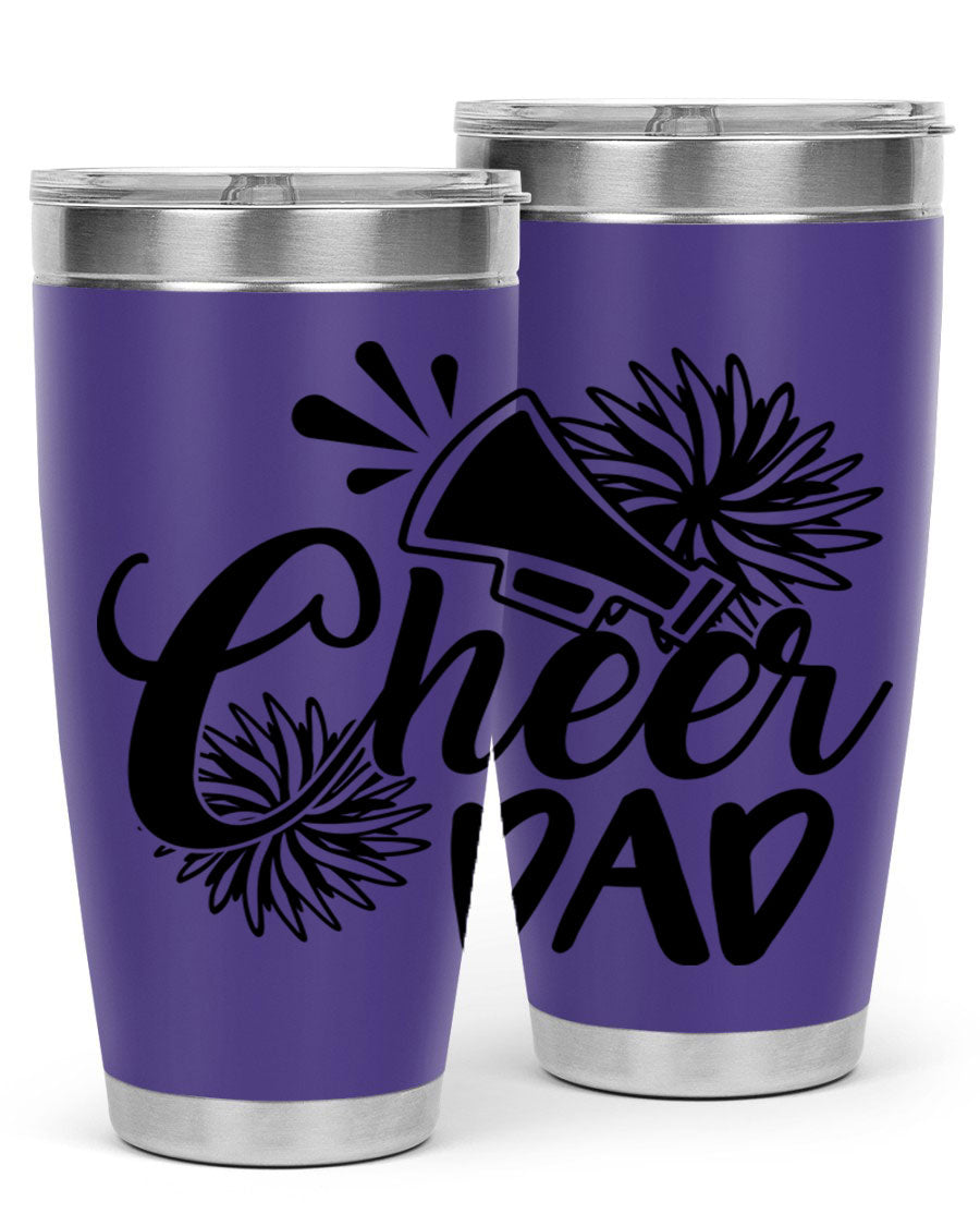 Cheer Dad 1391# 20oz Tumbler made of stainless steel with a drink-thru lid, showcasing its sleek design and vibrant print.