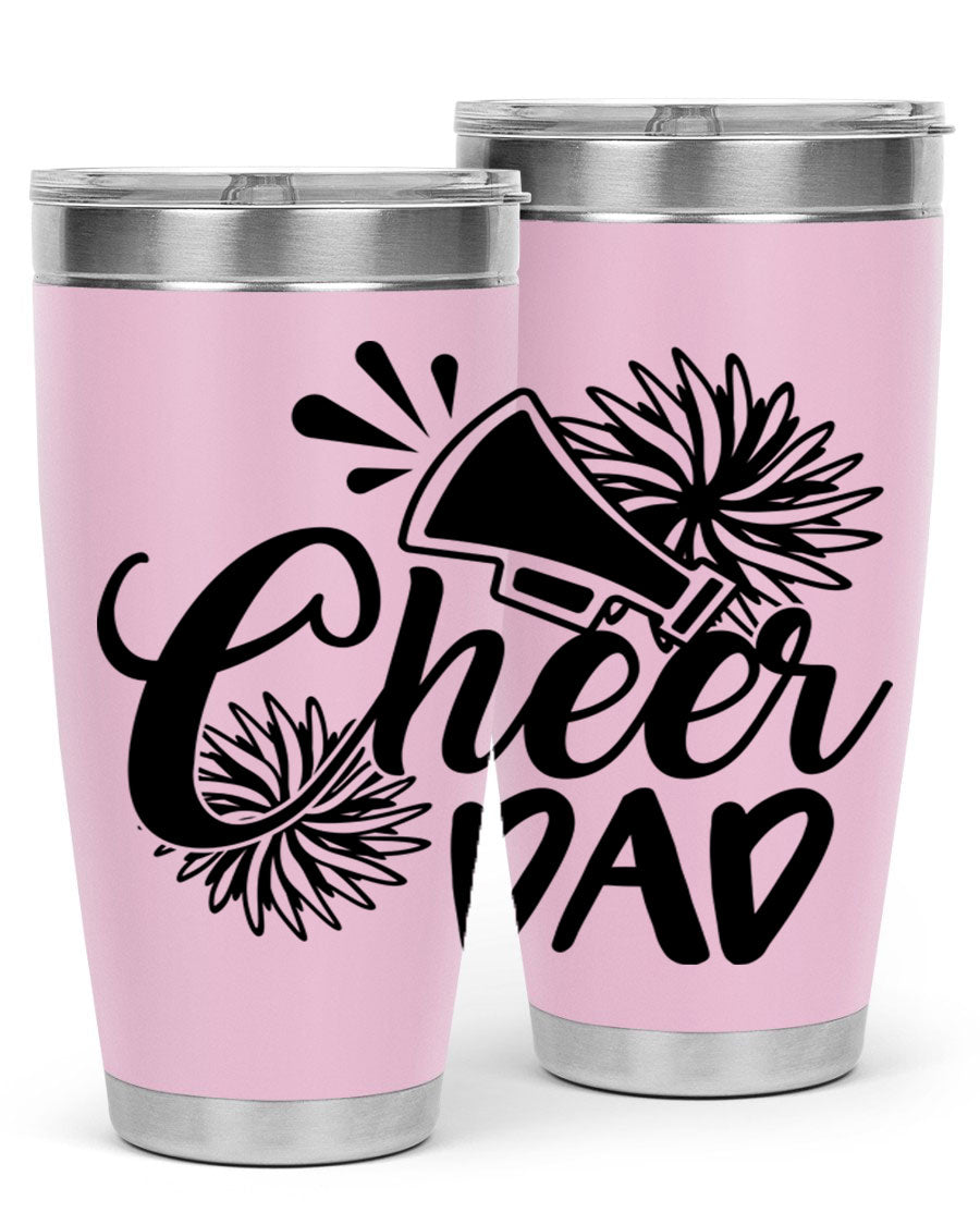 Cheer Dad 1391# 20oz Tumbler made of stainless steel with a drink-thru lid, showcasing its sleek design and vibrant print.