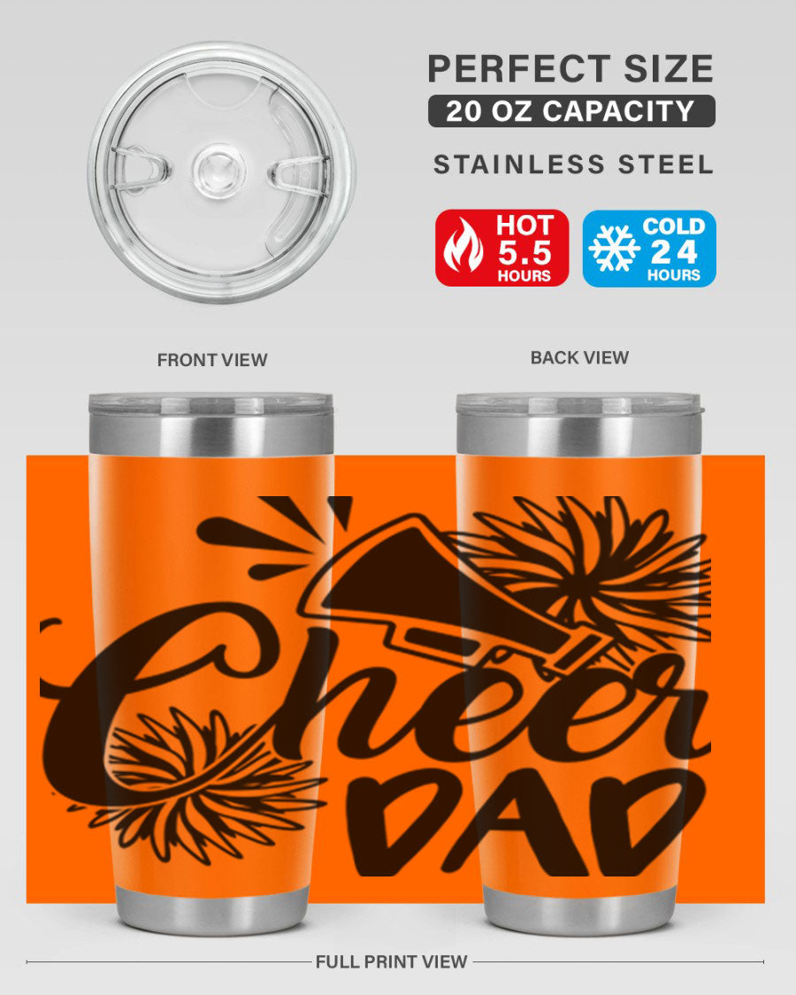 Cheer Dad 1391# 20oz Tumbler made of stainless steel with a drink-thru lid, showcasing its sleek design and vibrant print.