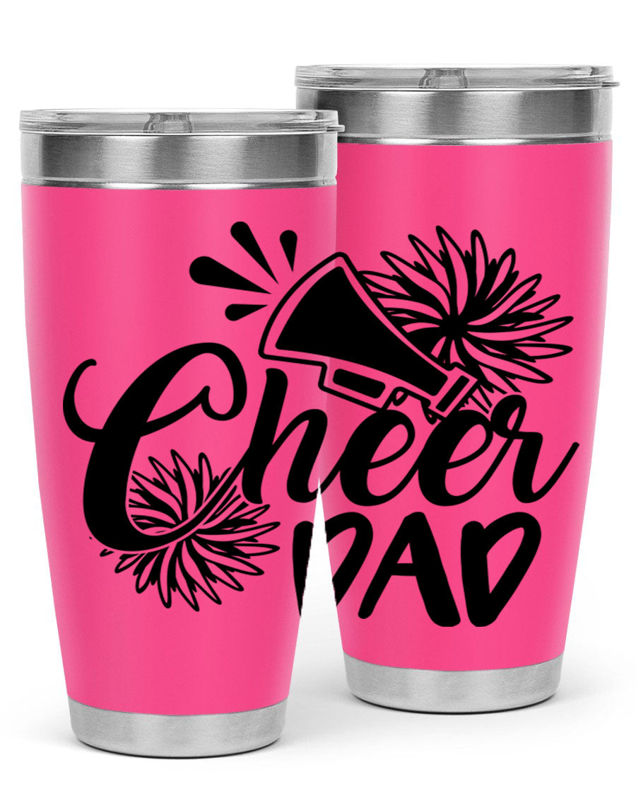 Cheer Dad 1391# 20oz Tumbler made of stainless steel with a drink-thru lid, showcasing its sleek design and vibrant print.
