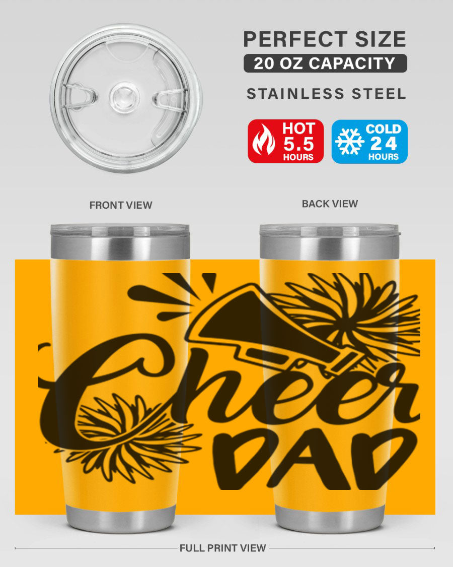 Cheer Dad 1391# 20oz Tumbler made of stainless steel with a drink-thru lid, showcasing its sleek design and vibrant print.