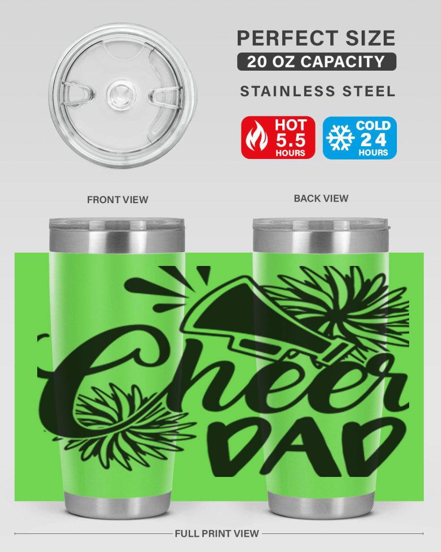 Cheer Dad 1391# 20oz Tumbler made of stainless steel with a drink-thru lid, showcasing its sleek design and vibrant print.