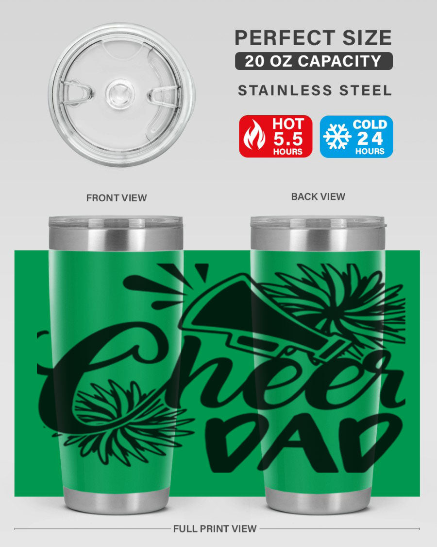 Cheer Dad 1391# 20oz Tumbler made of stainless steel with a drink-thru lid, showcasing its sleek design and vibrant print.
