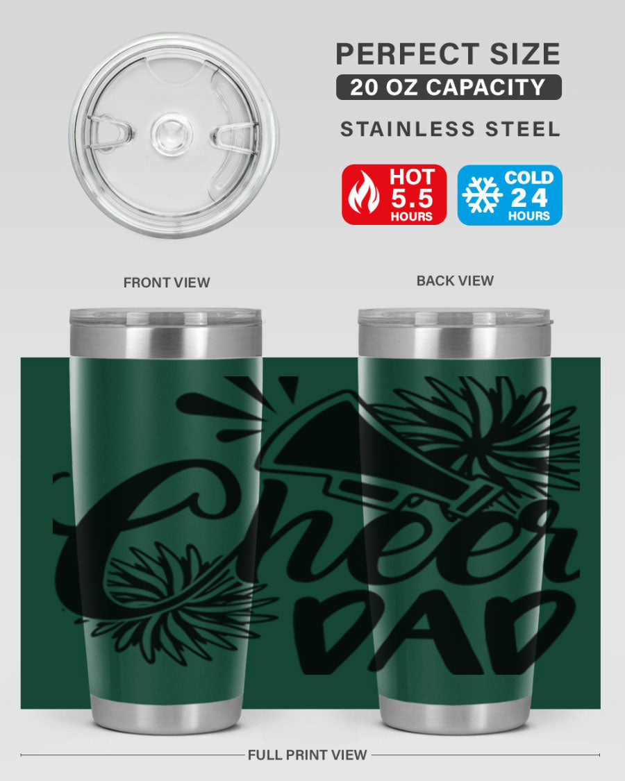 Cheer Dad 1391# 20oz Tumbler made of stainless steel with a drink-thru lid, showcasing its sleek design and vibrant print.