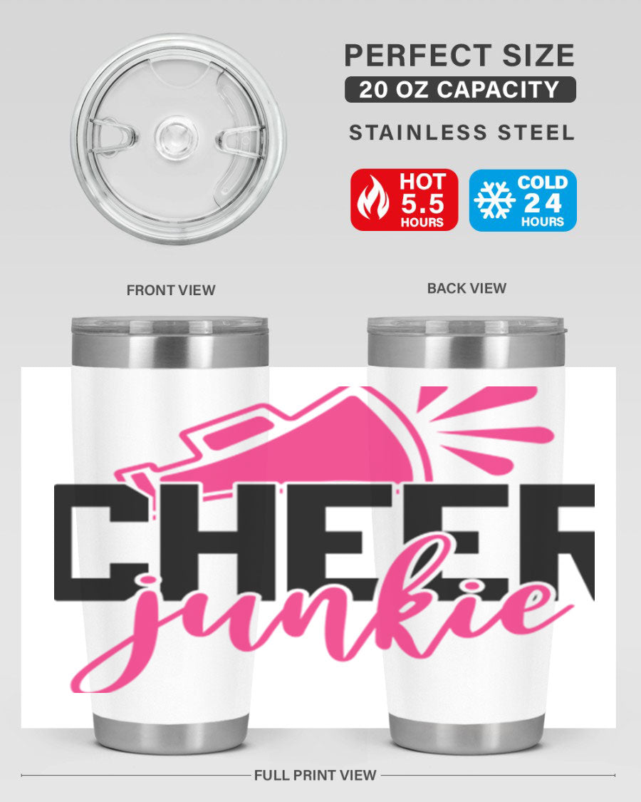 Cheer Junkie 1390# 20oz Tumbler in stainless steel with a vibrant design, showcasing its double wall vacuum insulation and drink-thru lid.