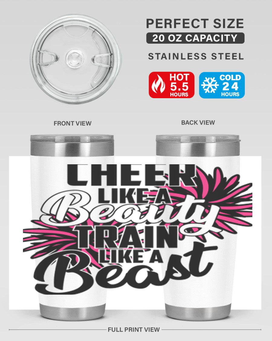 Cheer like a Beauty Train like a Beast 1388# Tumbler in stainless steel with a motivational design, perfect for hot and cold beverages.