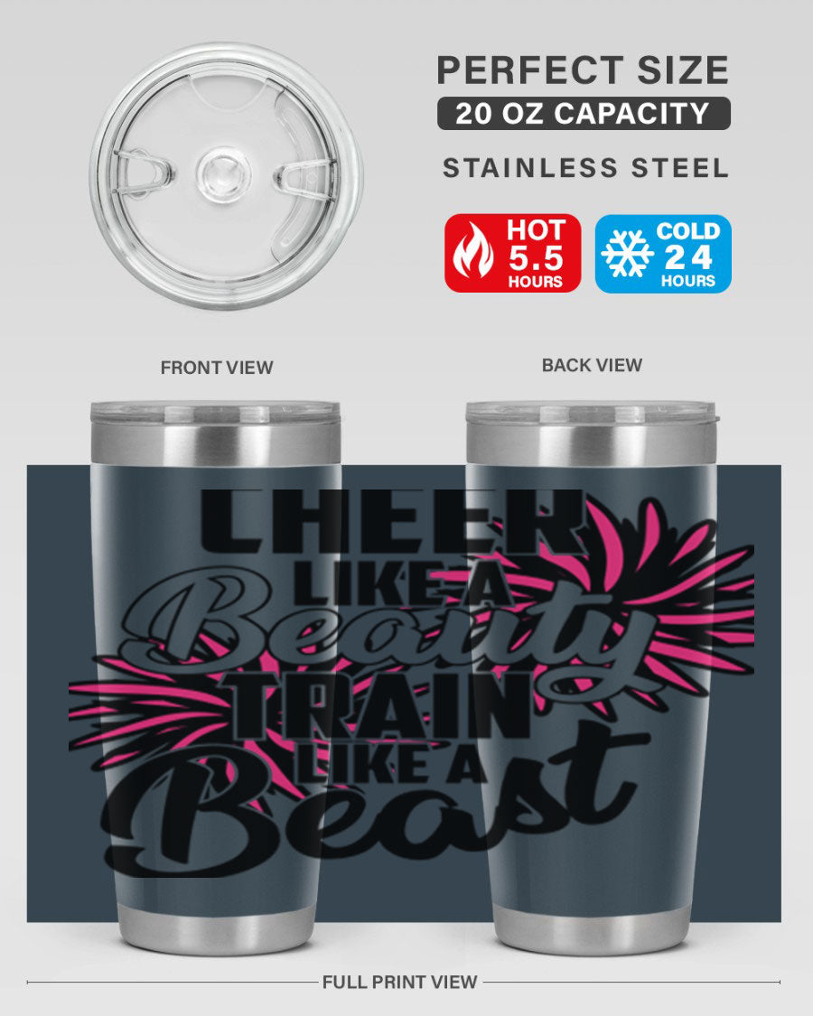 Cheer like a Beauty Train like a Beast 1388# Tumbler in stainless steel with a motivational design, perfect for hot and cold beverages.