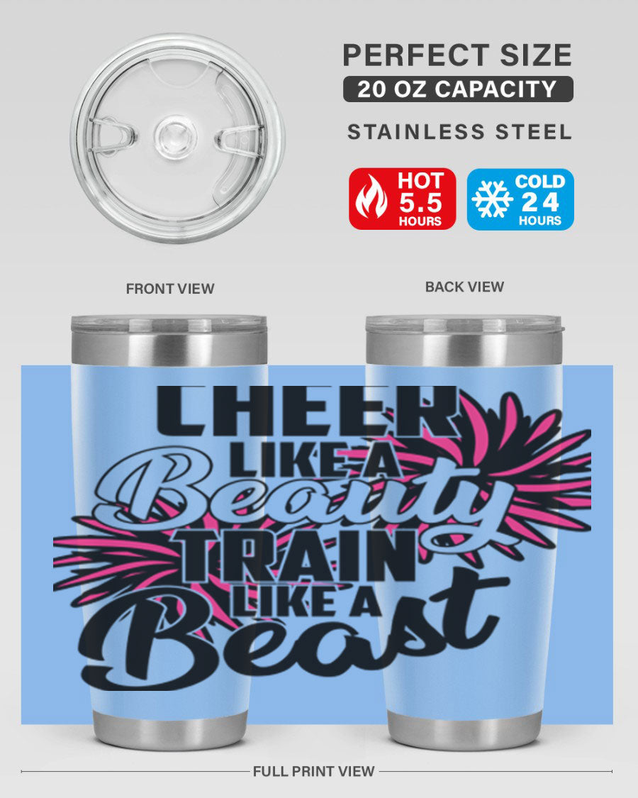 Cheer like a Beauty Train like a Beast 1388# Tumbler in stainless steel with a motivational design, perfect for hot and cold beverages.