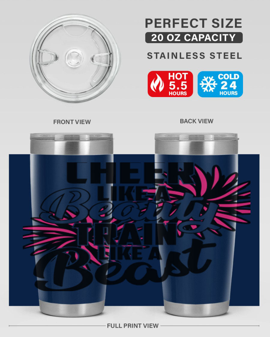 Cheer like a Beauty Train like a Beast 1388# Tumbler in stainless steel with a motivational design, perfect for hot and cold beverages.