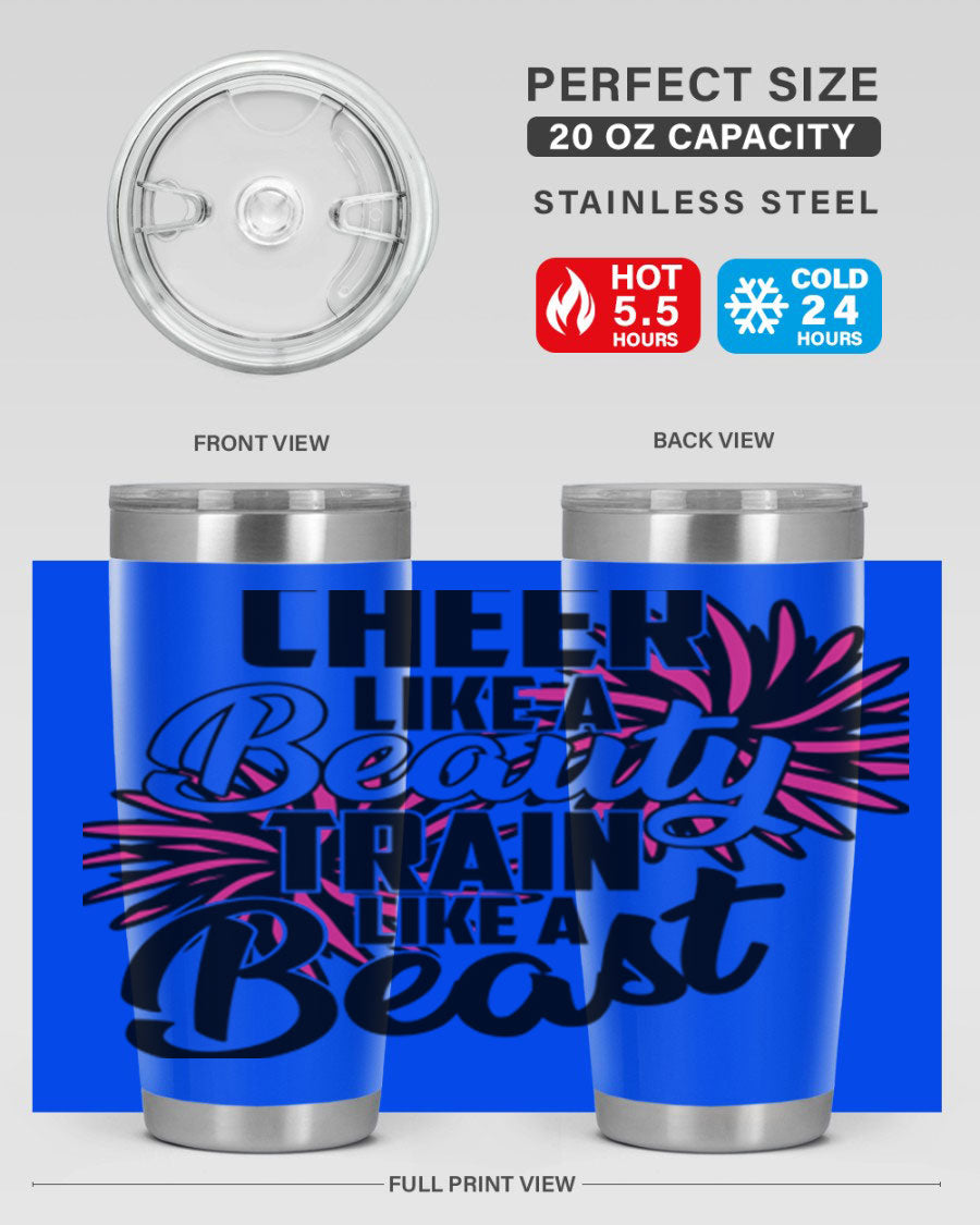 Cheer like a Beauty Train like a Beast 1388# Tumbler in stainless steel with a motivational design, perfect for hot and cold beverages.