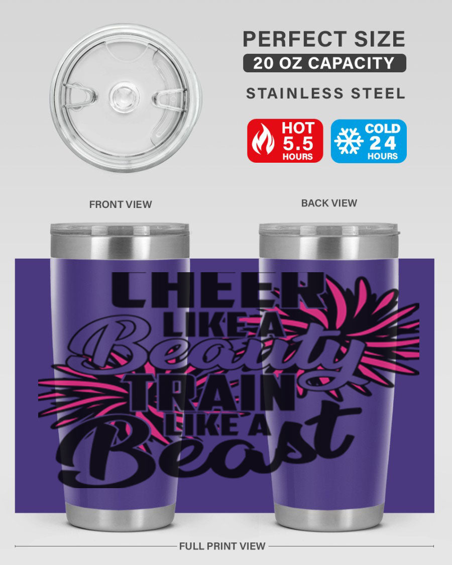 Cheer like a Beauty Train like a Beast 1388# Tumbler in stainless steel with a motivational design, perfect for hot and cold beverages.