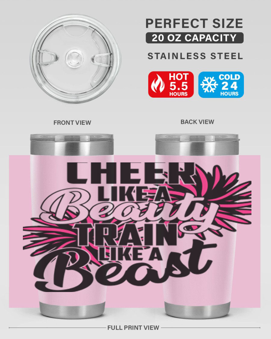 Cheer like a Beauty Train like a Beast 1388# Tumbler in stainless steel with a motivational design, perfect for hot and cold beverages.