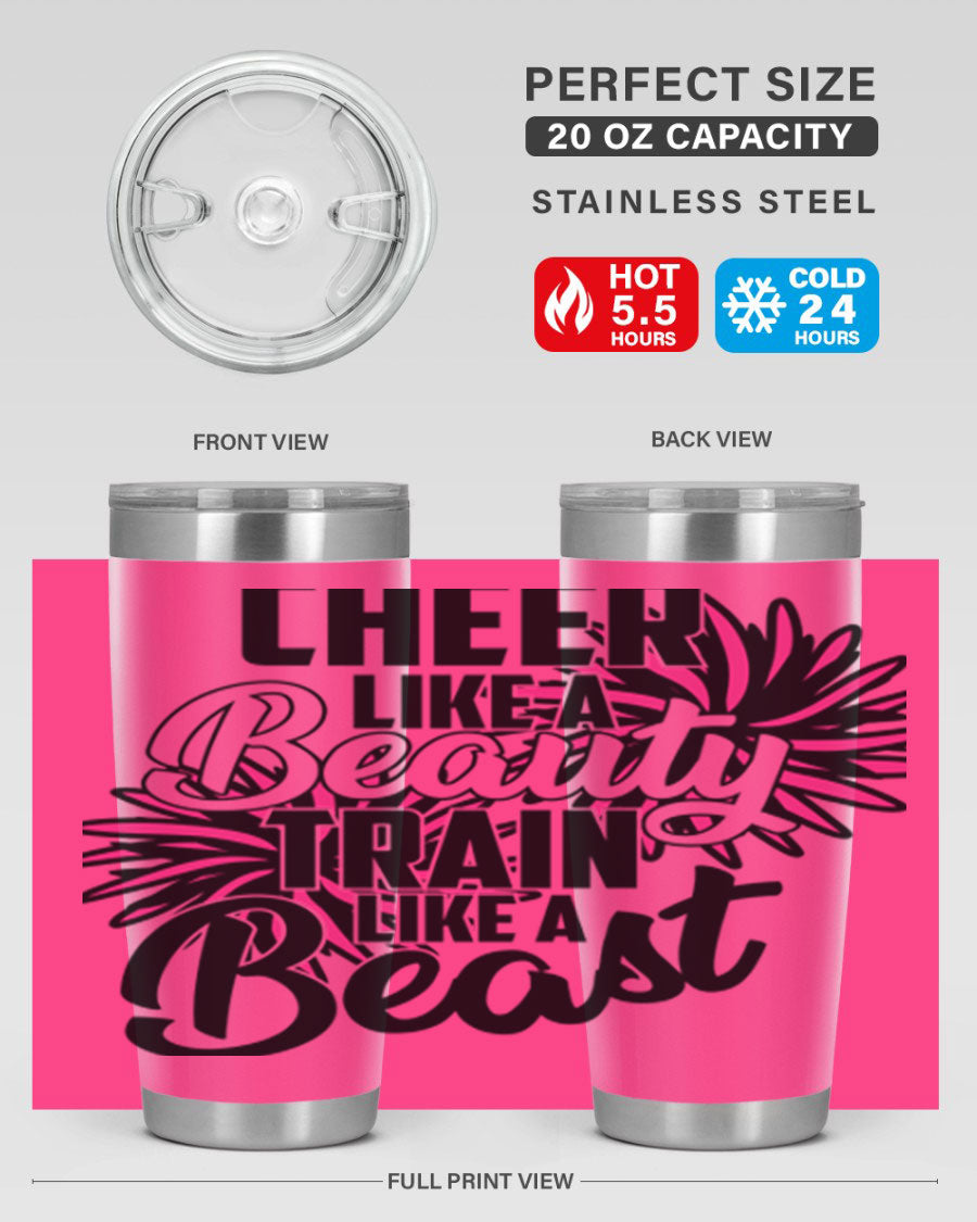 Cheer like a Beauty Train like a Beast 1388# Tumbler in stainless steel with a motivational design, perfect for hot and cold beverages.