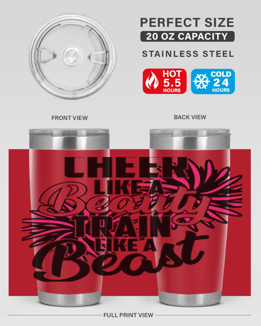 Cheer like a Beauty Train like a Beast 1388# Tumbler in stainless steel with a motivational design, perfect for hot and cold beverages.