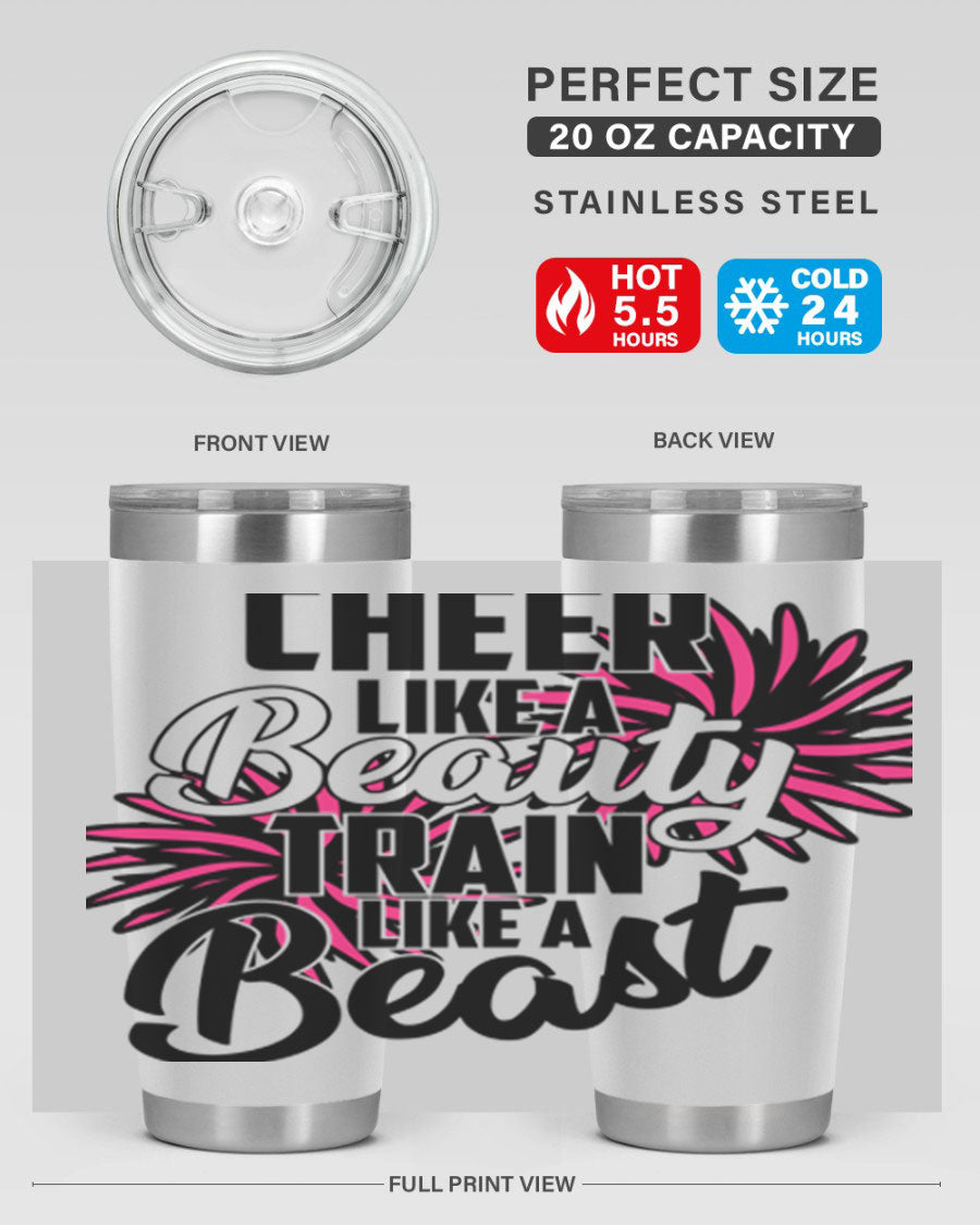 Cheer like a Beauty Train like a Beast 1388# Tumbler in stainless steel with a motivational design, perfect for hot and cold beverages.