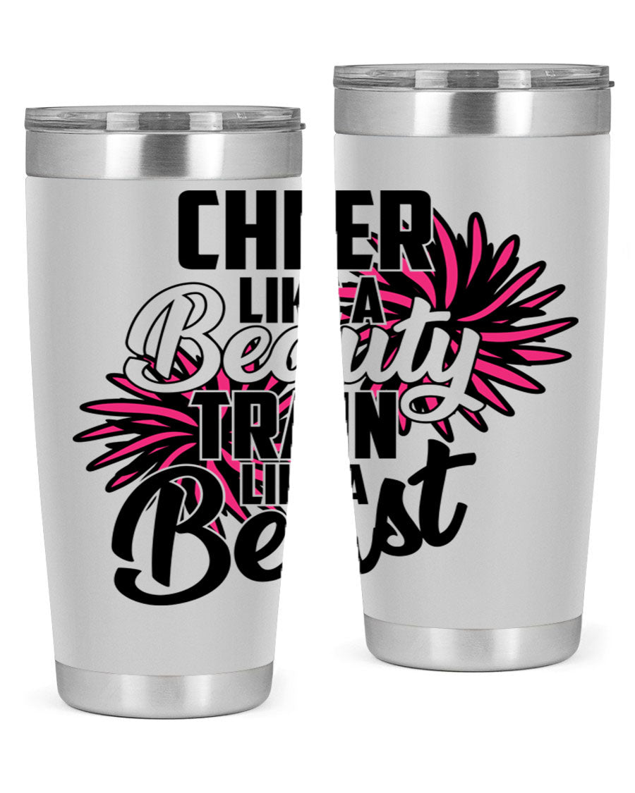 Cheer like a Beauty Train like a Beast 1388# Tumbler in stainless steel with a motivational design, perfect for hot and cold beverages.