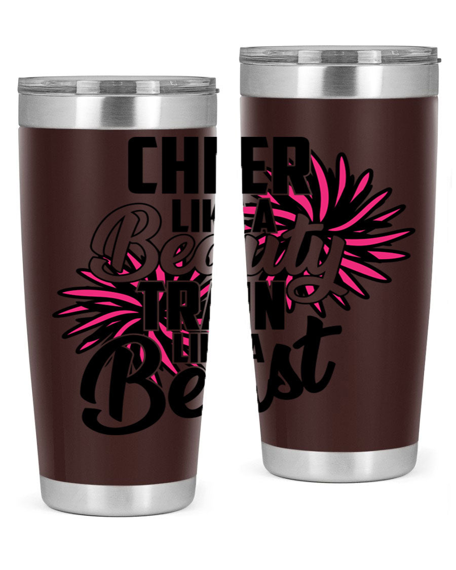 Cheer like a Beauty Train like a Beast 1388# Tumbler in stainless steel with a motivational design, perfect for hot and cold beverages.