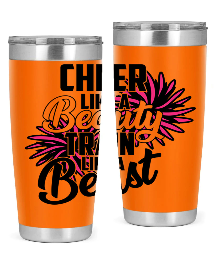 Cheer like a Beauty Train like a Beast 1388# Tumbler in stainless steel with a motivational design, perfect for hot and cold beverages.