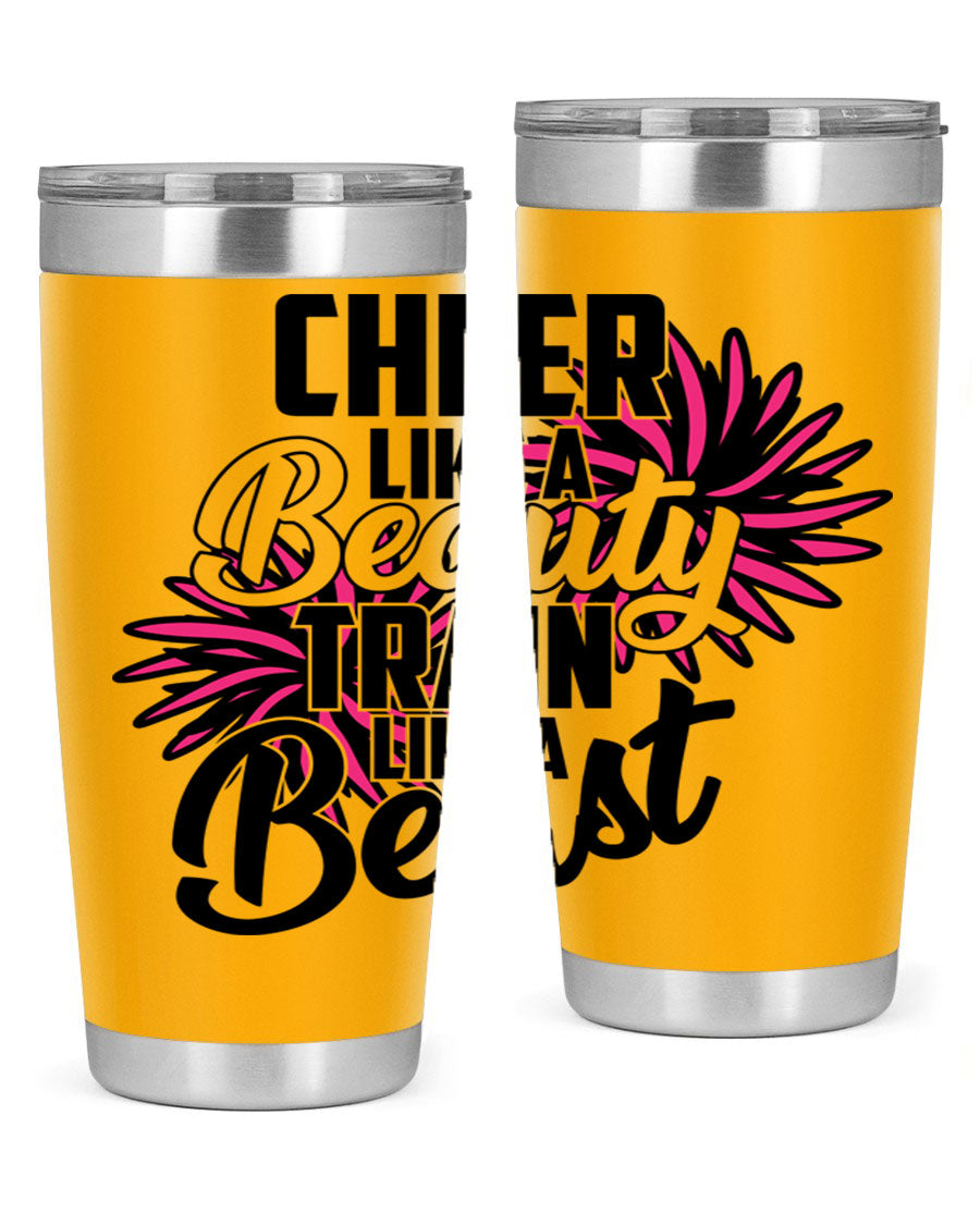 Cheer like a Beauty Train like a Beast 1388# Tumbler in stainless steel with a motivational design, perfect for hot and cold beverages.