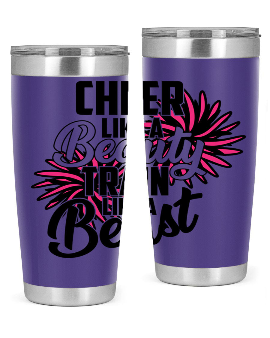 Cheer like a Beauty Train like a Beast 1388# Tumbler in stainless steel with a motivational design, perfect for hot and cold beverages.
