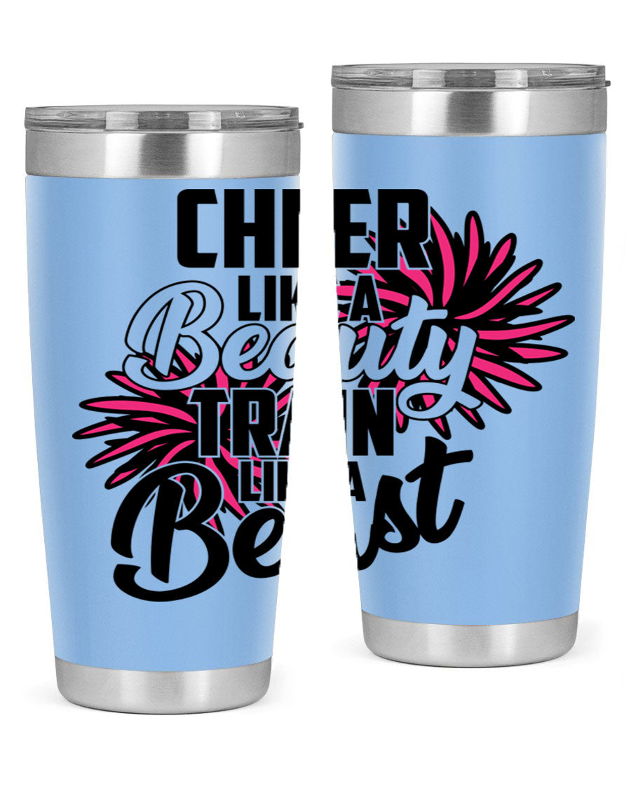 Cheer like a Beauty Train like a Beast 1388# Tumbler in stainless steel with a motivational design, perfect for hot and cold beverages.