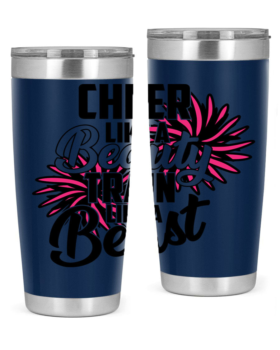 Cheer like a Beauty Train like a Beast 1388# Tumbler in stainless steel with a motivational design, perfect for hot and cold beverages.