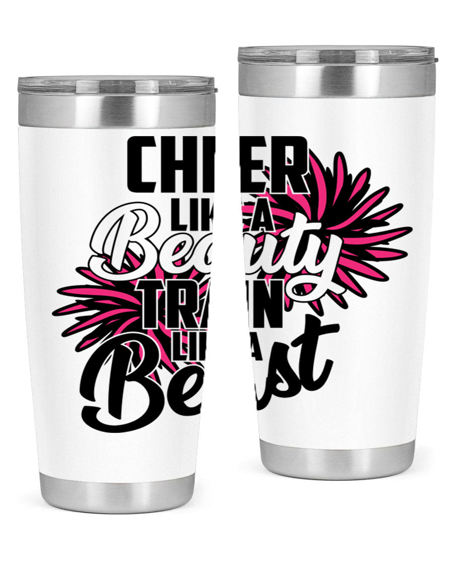 Cheer like a Beauty Train like a Beast 1388# Tumbler in stainless steel with a motivational design, perfect for hot and cold beverages.
