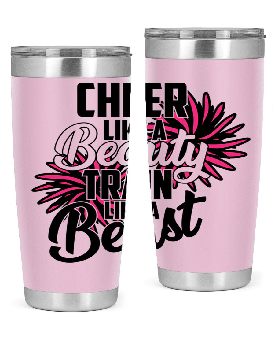 Cheer like a Beauty Train like a Beast 1388# Tumbler in stainless steel with a motivational design, perfect for hot and cold beverages.