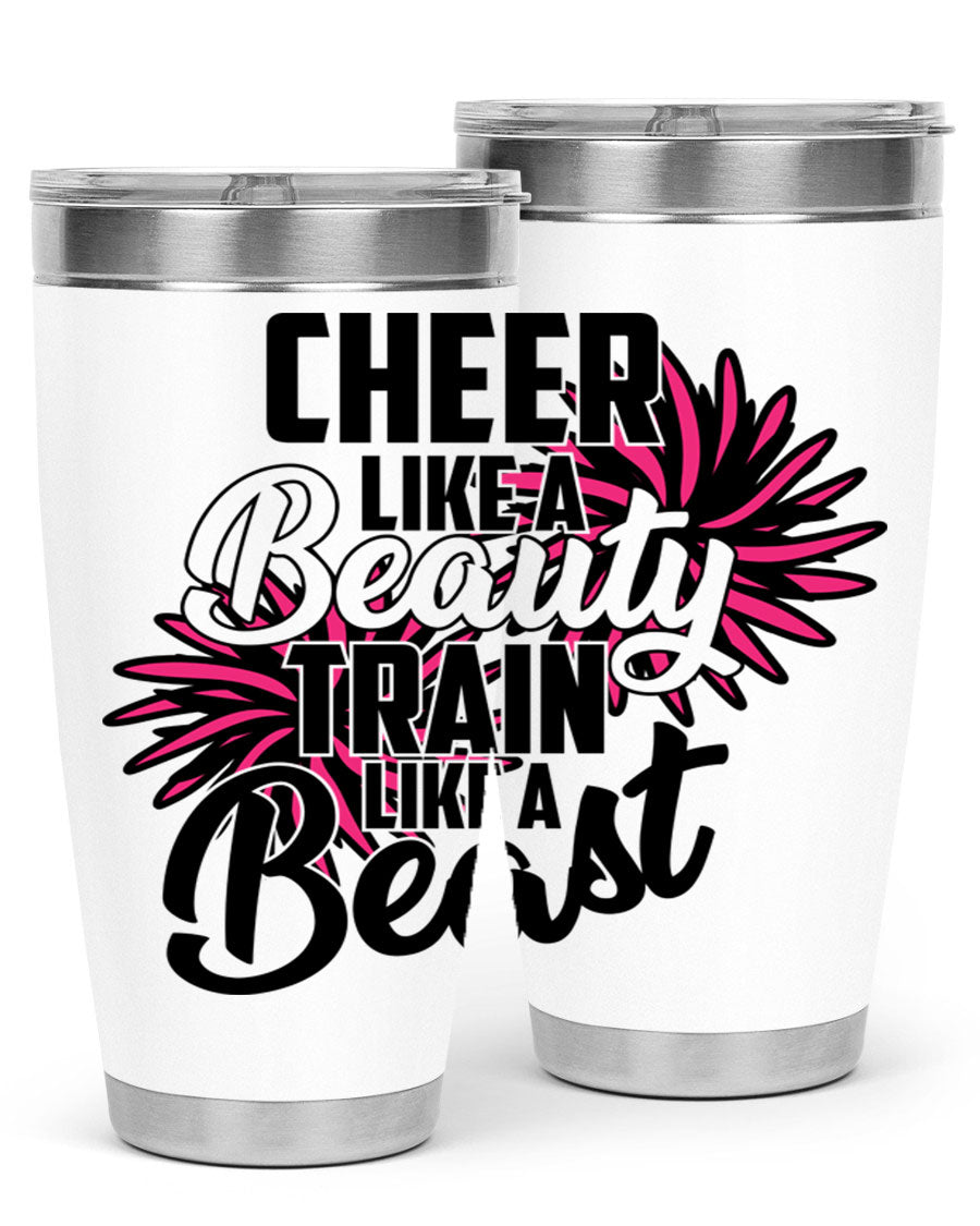 Cheer like a Beauty Train like a Beast 1388# Tumbler in stainless steel with a motivational design, perfect for hot and cold beverages.