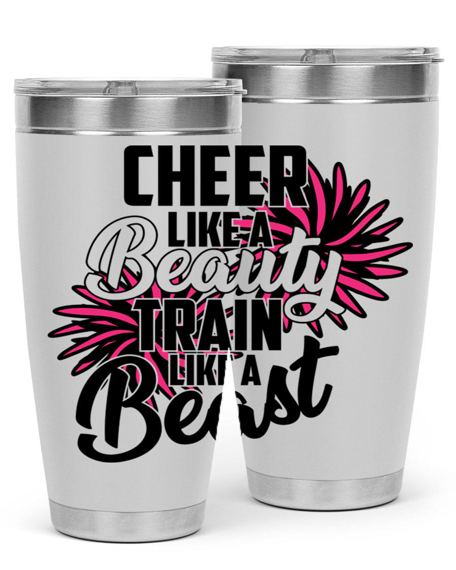 Cheer like a Beauty Train like a Beast 1388# Tumbler in stainless steel with a motivational design, perfect for hot and cold beverages.