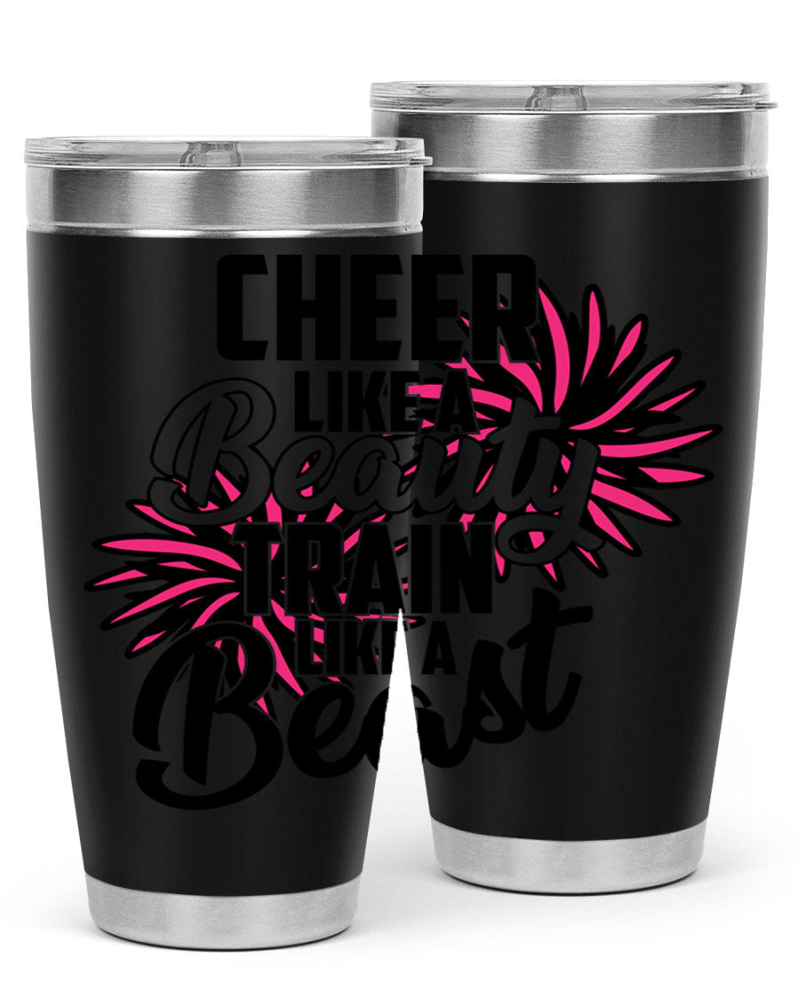 Cheer like a Beauty Train like a Beast 1388# Tumbler in stainless steel with a motivational design, perfect for hot and cold beverages.
