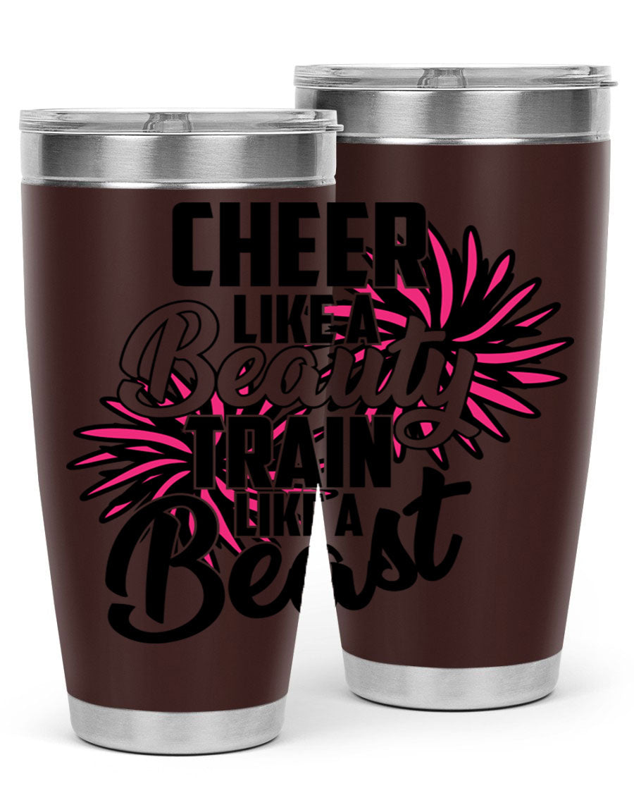 Cheer like a Beauty Train like a Beast 1388# Tumbler in stainless steel with a motivational design, perfect for hot and cold beverages.