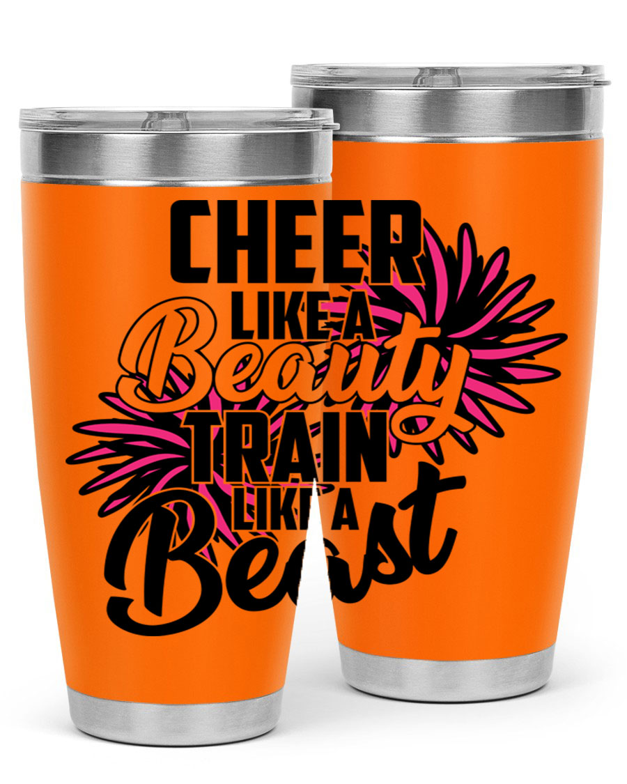 Cheer like a Beauty Train like a Beast 1388# Tumbler in stainless steel with a motivational design, perfect for hot and cold beverages.