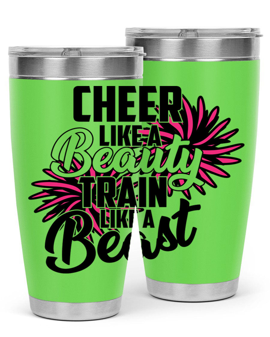 Cheer like a Beauty Train like a Beast 1388# Tumbler in stainless steel with a motivational design, perfect for hot and cold beverages.