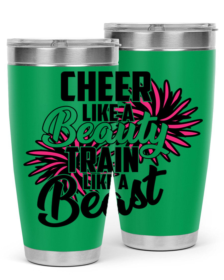 Cheer like a Beauty Train like a Beast 1388# Tumbler in stainless steel with a motivational design, perfect for hot and cold beverages.