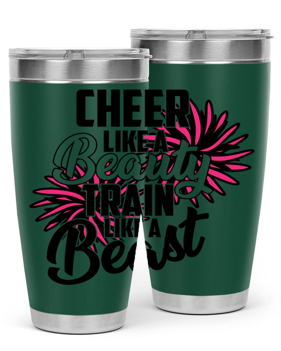 Cheer like a Beauty Train like a Beast 1388# Tumbler in stainless steel with a motivational design, perfect for hot and cold beverages.