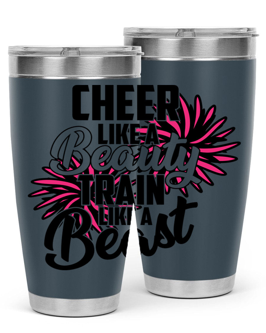 Cheer like a Beauty Train like a Beast 1388# Tumbler in stainless steel with a motivational design, perfect for hot and cold beverages.