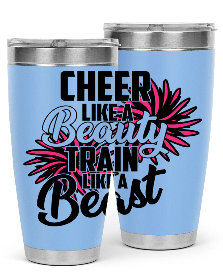 Cheer like a Beauty Train like a Beast 1388# Tumbler in stainless steel with a motivational design, perfect for hot and cold beverages.