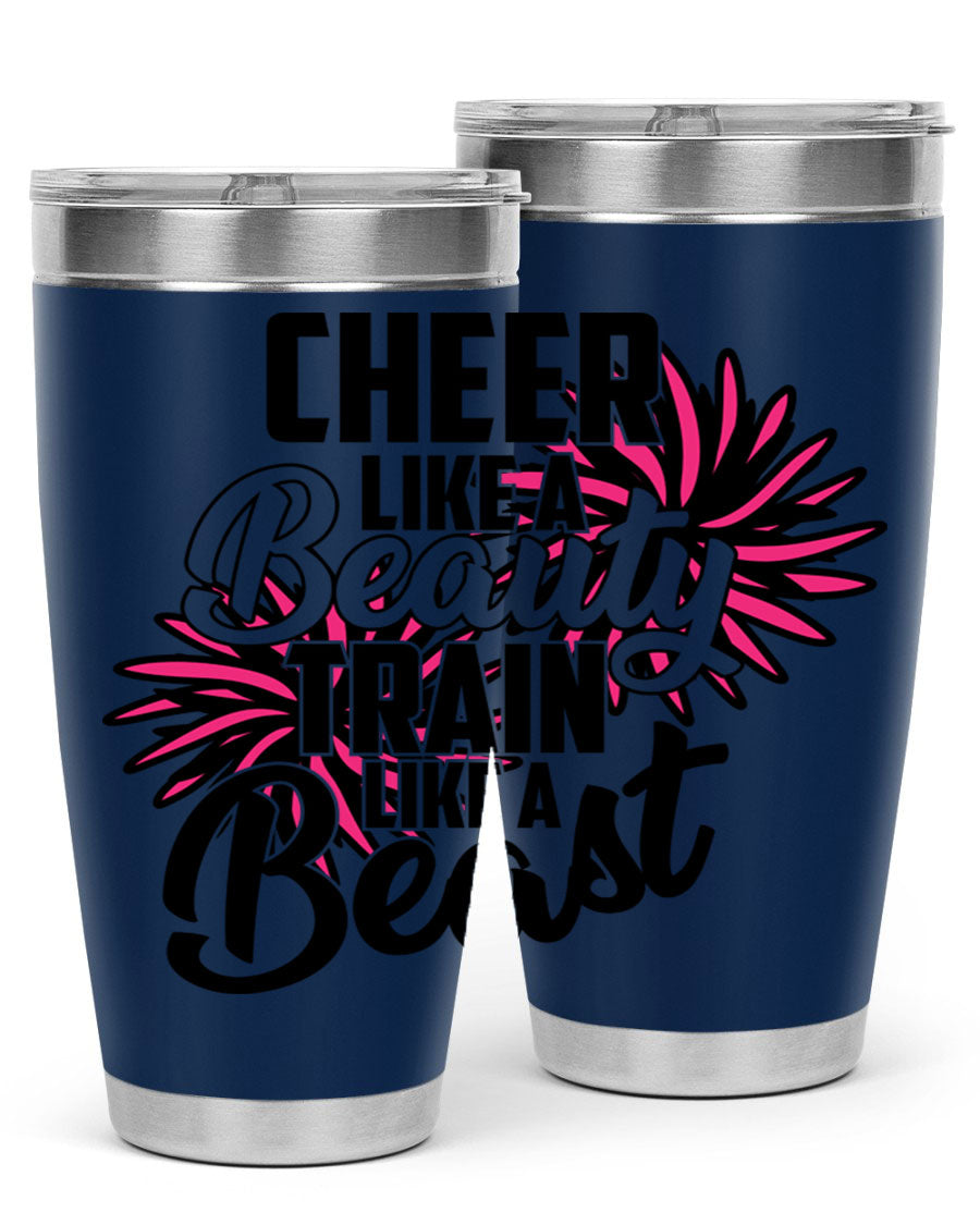 Cheer like a Beauty Train like a Beast 1388# Tumbler in stainless steel with a motivational design, perfect for hot and cold beverages.