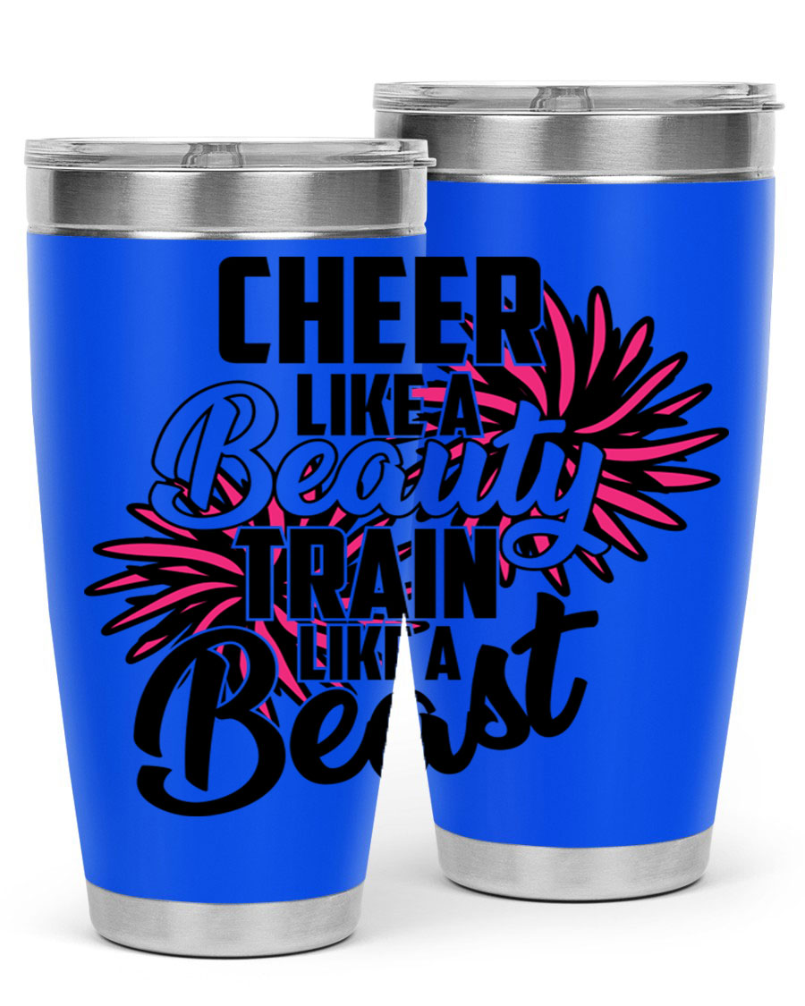 Cheer like a Beauty Train like a Beast 1388# Tumbler in stainless steel with a motivational design, perfect for hot and cold beverages.