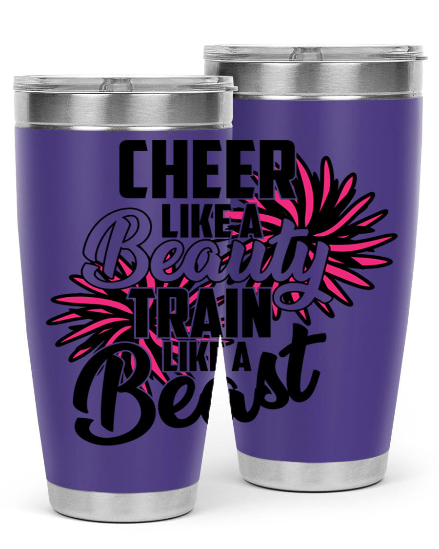 Cheer like a Beauty Train like a Beast 1388# Tumbler in stainless steel with a motivational design, perfect for hot and cold beverages.