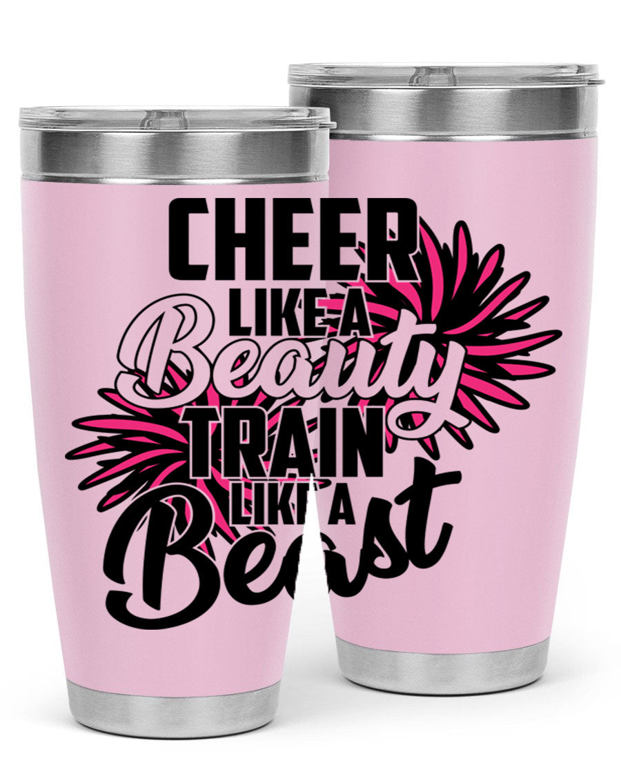 Cheer like a Beauty Train like a Beast 1388# Tumbler in stainless steel with a motivational design, perfect for hot and cold beverages.