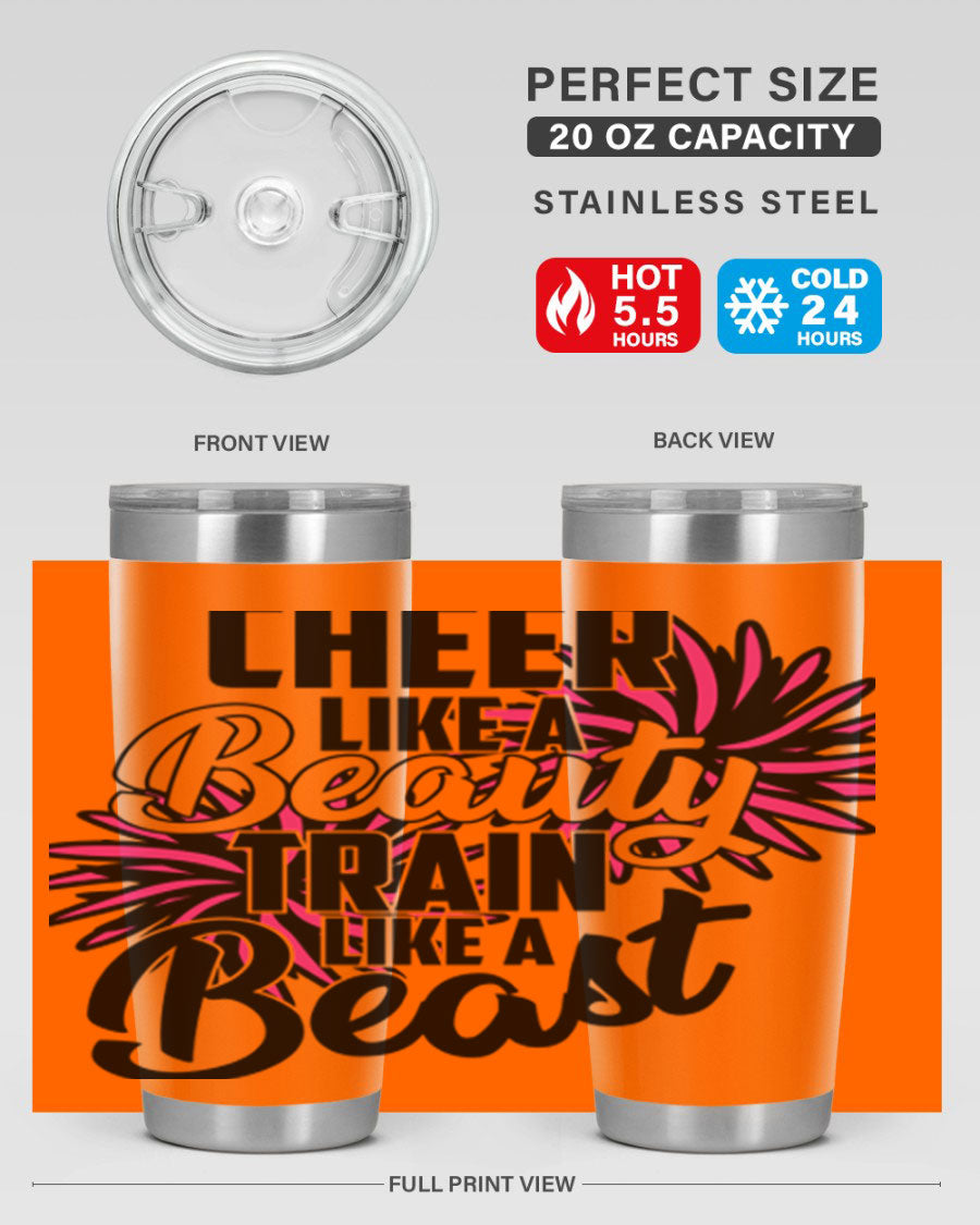 Cheer like a Beauty Train like a Beast 1388# Tumbler in stainless steel with a motivational design, perfect for hot and cold beverages.