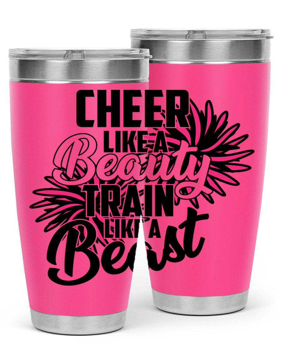 Cheer like a Beauty Train like a Beast 1388# Tumbler in stainless steel with a motivational design, perfect for hot and cold beverages.