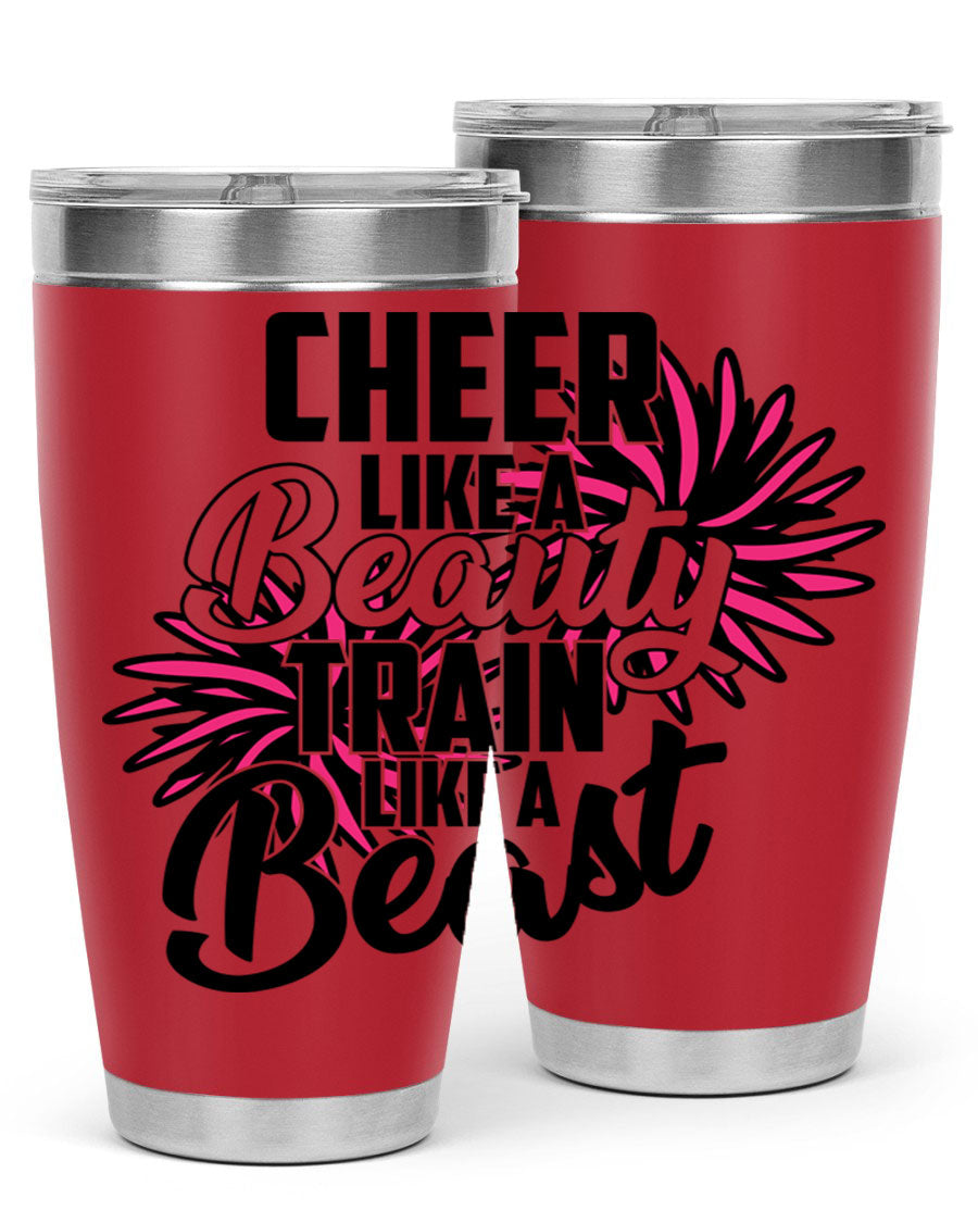 Cheer like a Beauty Train like a Beast 1388# Tumbler in stainless steel with a motivational design, perfect for hot and cold beverages.