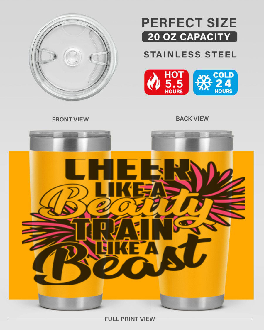 Cheer like a Beauty Train like a Beast 1388# Tumbler in stainless steel with a motivational design, perfect for hot and cold beverages.