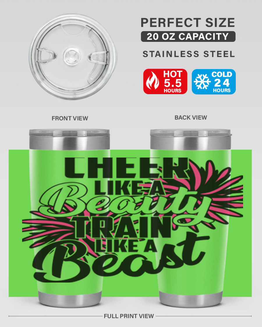 Cheer like a Beauty Train like a Beast 1388# Tumbler in stainless steel with a motivational design, perfect for hot and cold beverages.